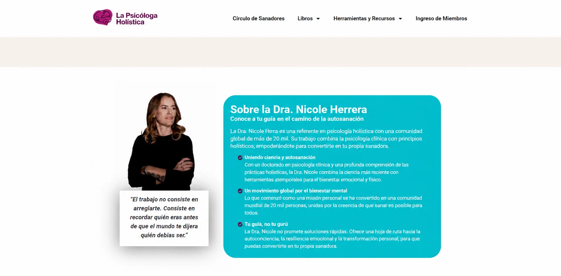 Sección sobre la Dra. Nicole Herrera en La Psicóloga Holística