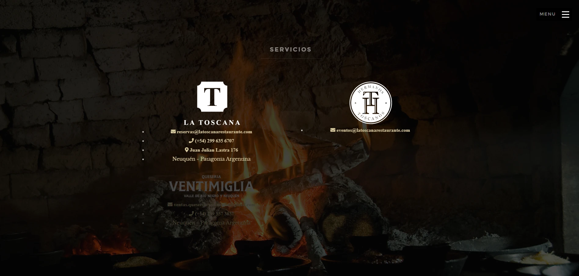 Sección de servicios y contacto de La Toscana Restaurante